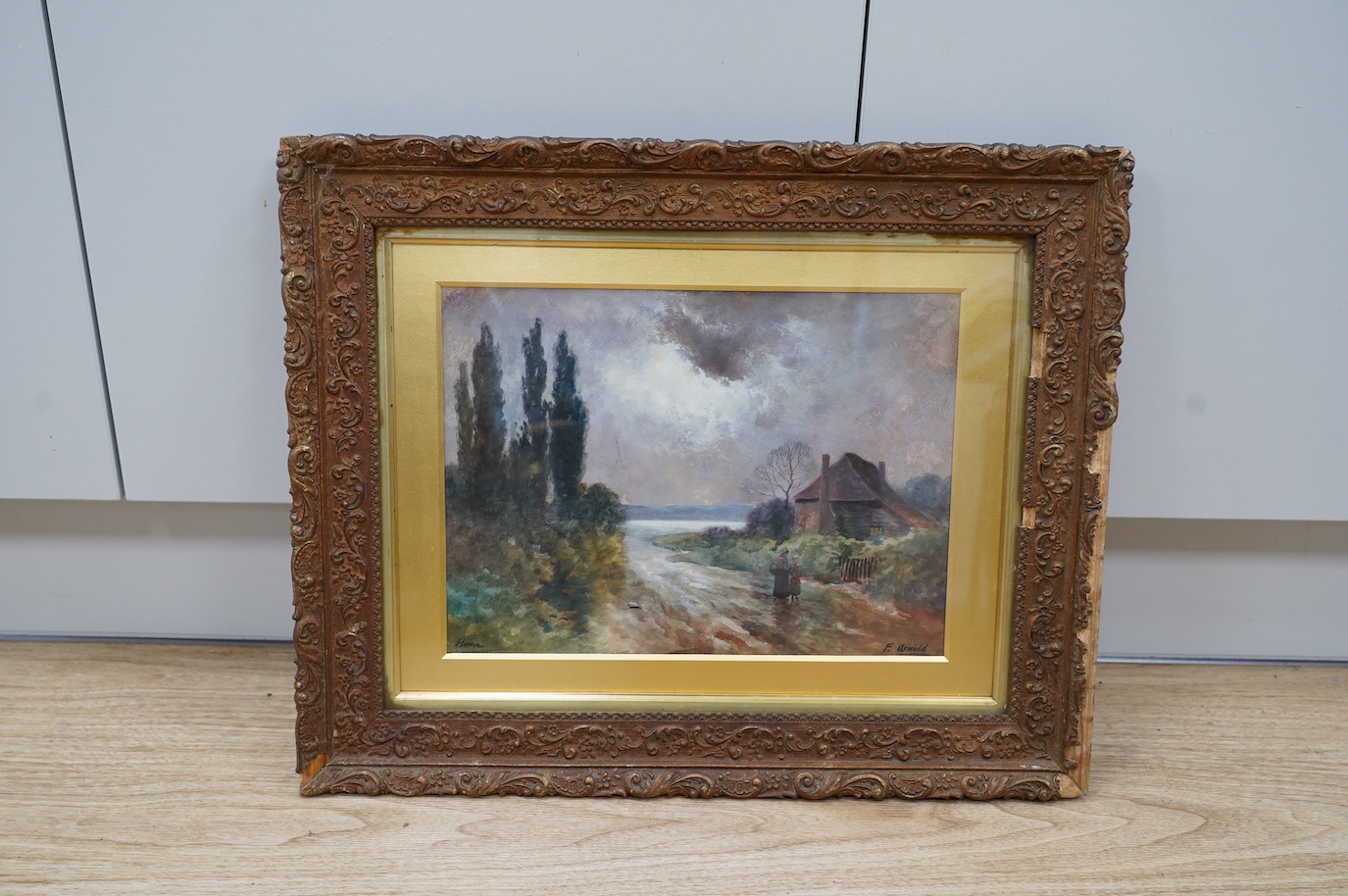 F. Arnold, late 19th / early 20th century, watercolour, ‘Home’, moonlit village scene, signed, 24 x 33cm, gilt framed. Condition - fair